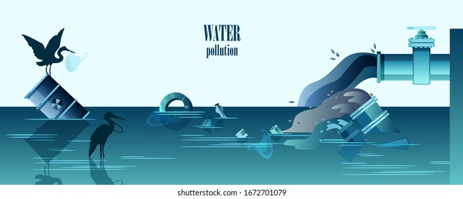 Water pollution horizontal banner with pipes emitting dirty water, waste, birds and radioactive barrel. Ecological concept in flat style in trendy blue colors with copy space.