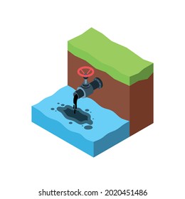 Water pollution icon with oil flowing out of pipe 3d isometric vector illustration