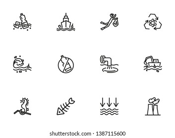 Water pollution icon set. Line icons collection on white background. Litter, sea, plastic. Environment concept. Can be used for topics like problem, danger, conservation