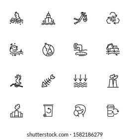 Water pollution icon set. Line icons collection on white background. Litter, sea, plastic. Environment concept. Can be used for topics like problem, danger, conservation
