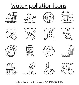 Water pollution icon set in thin line style