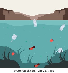 ilustração de poluição da água em estilo de design plano com resíduos
