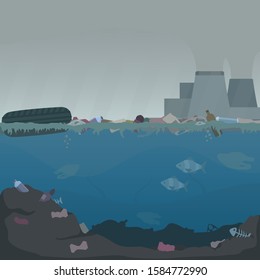 Water pollution illustration. Stock vector. Different garbage and slime in the water. Eco concept. Trash emission, factory air and water pollution.