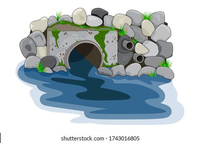 Water pollution from industrial pipe. Wastewater discharge from plant. Plant wastewater emissions into river or sea. Environmental pollution. Dirty toxic effluents,sewage and pond contamination.Vector