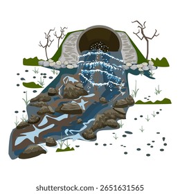 Poluição da água por tubos industriais. Poluição por fluxo de resíduos químicos na natureza. Descarga de efluente sujo da tubulação. Danos ecológicos. Poluição ambiental. Contaminação da lagoa. Pântano de lama. Vetor