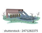 Water pollution from industrial pipes. Waste flow pollution in nature. Dirty effluent discharge from pipe. Ecological damage. Environmental pollution.Pond contamination.Muddy swamp.Vector illustration