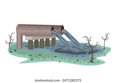 Water pollution from industrial pipes. Waste flow pollution in nature. Dirty effluent discharge from pipe. Ecological damage. Environmental pollution.Pond contamination.Muddy swamp.Vector illustration