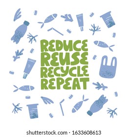 Water pollution isolated vector illustrations. Underwater marine animals swimming in ocean with garbage background. Stop plastic banner. Global environmental problem. Planet protection poster