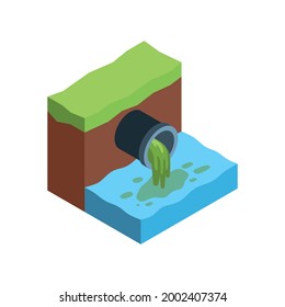 Water pollution isometric icon with toxic waste flowing out of industrial pipe into river 3d vector illustration