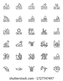 Water pollution line icons set. Contamination linear style symbols collection, ocean pollution outline signs pack. vector graphics. Set includes icons as plastic bottle, industrial waste, fish animals