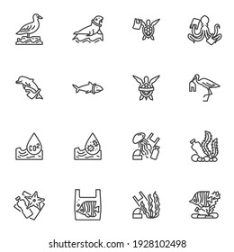 Water pollution line icons set, outline vector symbol collection, linear style pictogram pack. Signs, logo illustration. Set includes icons as environmental contaminants, marine animals with plastic