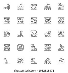 Water pollution line icons set. Ocean pollution linear style symbols collection, outline signs pack. Ecology disaster vector graphics. Set includes icons as chemical waste, plastic on dirty sea water