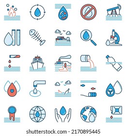 Water Pollution modern icons set. Vector dirty waste water and aquatic pollution concept signs collection