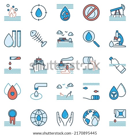 Water Pollution modern icons set. Vector dirty waste water and aquatic pollution concept signs collection