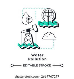 Water pollution modern linear concept icon. Contamination of waterbodies with toxins. Cause of freshwater scarcity. Flat outline elements connected with dotted lines. Creative visual. Easy to edit