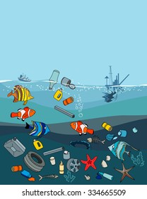 Water pollution in the ocean. Garbage and waste. Fish death. Eco concept.