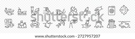 Water pollution and ocean waste icon set – editable outline symbols of oil spill, plastic, garbage, pipe, bottle and toxic waste