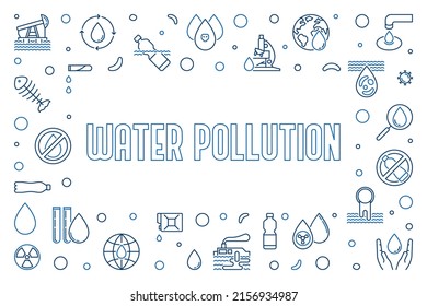 Water Pollution outline horizontal Banner. Vector Dirty Waste Water minimal illustration