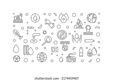 Water Pollution outline minimal horizontal Banner - vector Dirty Waste Water concept illustration