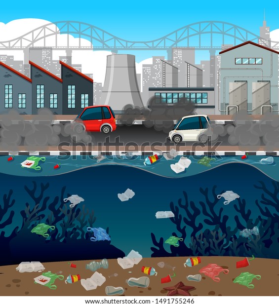 Water\
pollution with plastic bags in city\
illustration