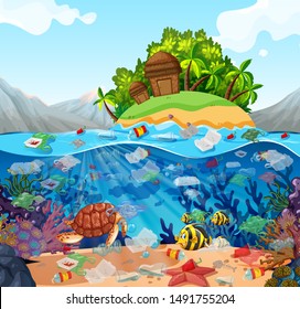 Water pollution with plastic bags in ocean illustration