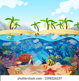 Water pollution with plastic bags in ocean illustration