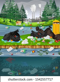 Water pollution with plastic bags in  park illustration