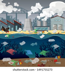 Water pollution with plastic bags in river illustration