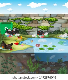Water pollution with plastic bags in river illustration
