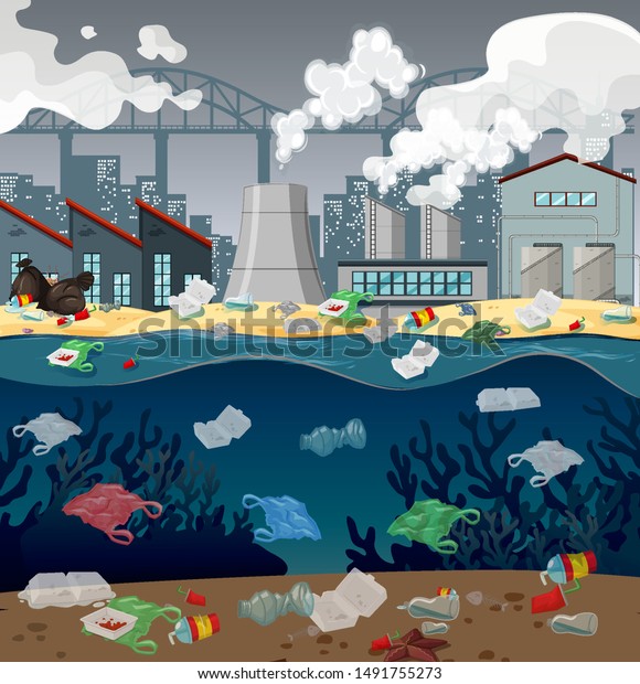 Water Pollution Plastic Bags River Illustration Stock Vector (royalty 