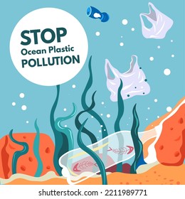 Water pollution and plastic garbage floating in ocean or sea bottom. Harmful impact on nature and biodiversity of marine life. Throwing bags and bottles, stop rubishing. Vector in flat style