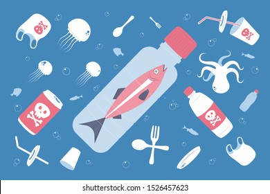 Water pollution. Plastic waste in ocean. Dead fish swimming in water full of garbage. Vector Illustration.