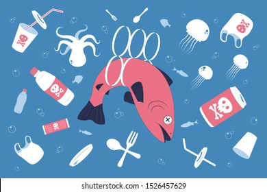 Water Pollution. Plastic Waste In Ocean. Dead Fish Swimming In Water Full Of Garbage. Vector Illustration.