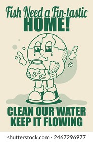 Water Pollution Poster with Earth Retro Mascot Illustration Outline Version