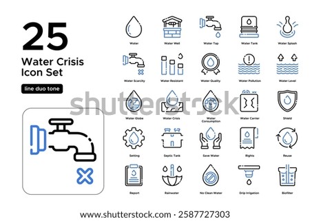 Water Pollution and Shortage. Global Environmental Awareness. Conservation and Protection. Vector Illustration. Oultine duo tone icon set