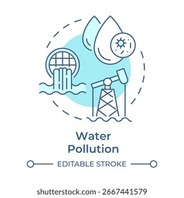 Poluição da água ícone de conceito azul suave. Contaminação de corpos de água com toxinas. Causa da escassez de água doce. Ilustração de linha de forma redonda. Ideia abstrata. Design gráfico. Fácil de usar no livreto