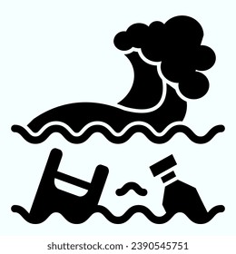Water Pollution solid icon. Plastic in sea with wave illustration isolated on white. Dirty ocean waste garbage glyph style design, designed for web and app. Eps 10