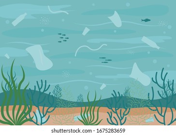 Water pollution, underwater trash. Plastic waste, bottles and bags in water. Ecological problems. Seascape. Vector illustration flat style