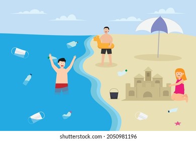 Water pollution vector concept: Group of children playing in the dirty beach with rubbish on the water