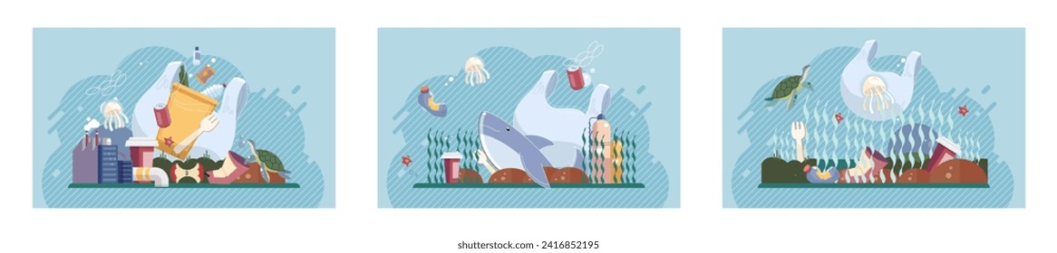 Water pollution. Vector illustration. The atmosphere plays crucial role in maintaining Earths climate and overall ambience Bionomics is study interaction between living organisms and their environment