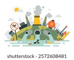 Water Pollution Vector Illustration Depicting an Environmental Disaster Caused by Industrial Production with a Factory Emitting Smoke Through Chimneys
