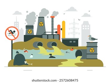 Water Pollution Vector Illustration Depicting an Environmental Disaster Caused by Industrial Production with a Factory Emitting Smoke Through Chimneys