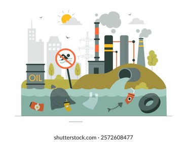 Water Pollution Vector Illustration Depicting an Environmental Disaster Caused by Industrial Production with a Factory Emitting Smoke Through Chimneys