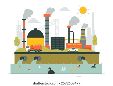 Water Pollution Vector Illustration Depicting an Environmental Disaster Caused by Industrial Production with a Factory Emitting Smoke Through Chimneys