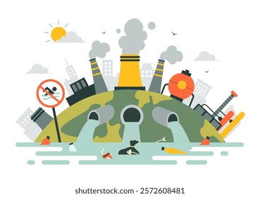 Water Pollution Vector Illustration Depicting an Environmental Disaster Caused by Industrial Production with a Factory Emitting Smoke Through Chimneys