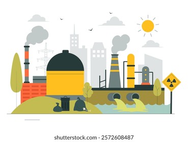 Water Pollution Vector Illustration Depicting an Environmental Disaster Caused by Industrial Production with a Factory Emitting Smoke Through Chimneys