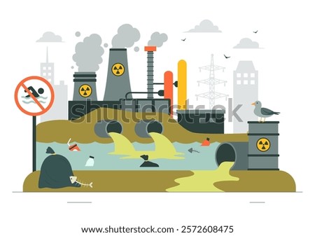 Water Pollution Vector Illustration Depicting an Environmental Disaster Caused by Industrial Production with a Factory Emitting Smoke Through Chimneys