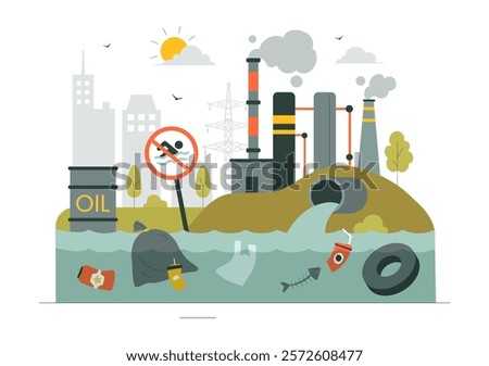 Water Pollution Vector Illustration Depicting an Environmental Disaster Caused by Industrial Production with a Factory Emitting Smoke Through Chimneys