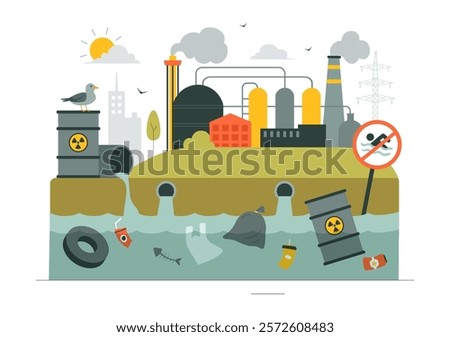 Water Pollution Vector Illustration Depicting an Environmental Disaster Caused by Industrial Production with a Factory Emitting Smoke Through Chimneys