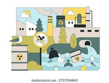 Water Pollution Vector Illustration an Environmental Disaster Caused by Industrial Activity Featuring a Factory Releasing Smoke From Tall Chimneys